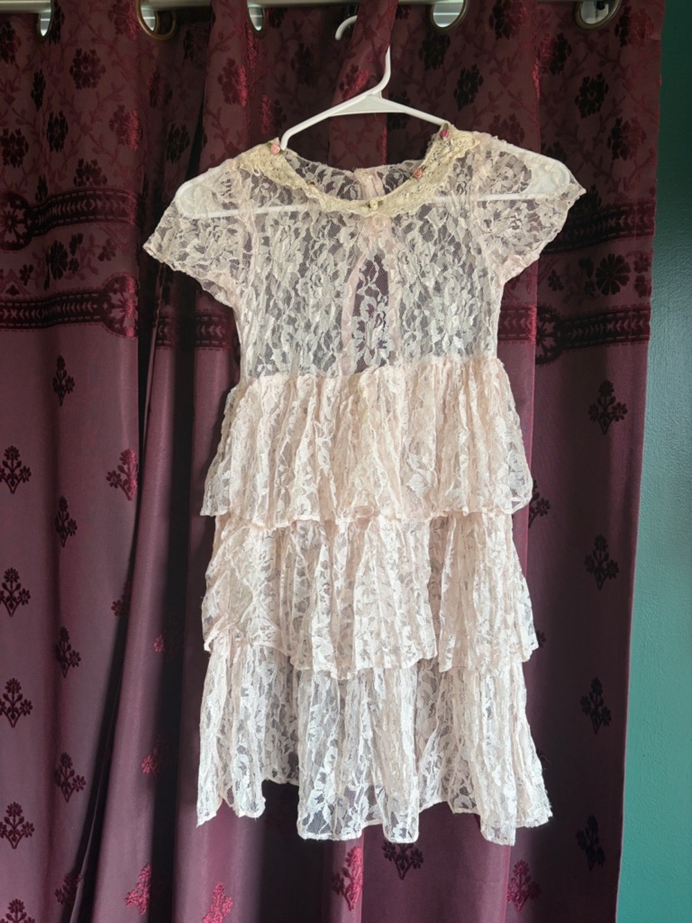 Vintage Blush Sheer Lace Tiered Girls Floral Dress Size 6X